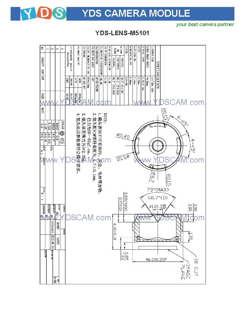 Yds-B1PF-Ov5640-1b V3.0 5MP Ov5640-1b Dvp Parallel Interface Fixed Focus Camera Module