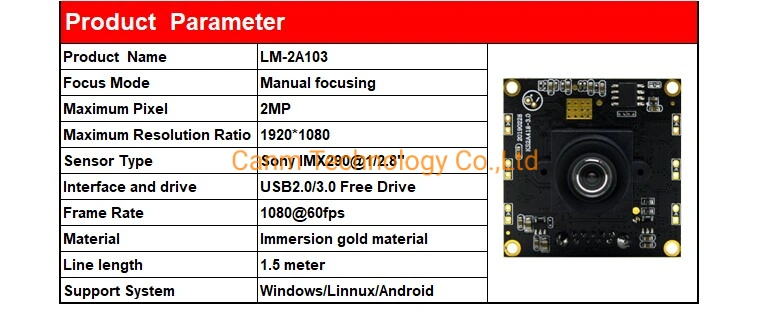 Imx290 Chip 1080P 2MP Starlight Level &Low Illumination USB3.0 Camera Module