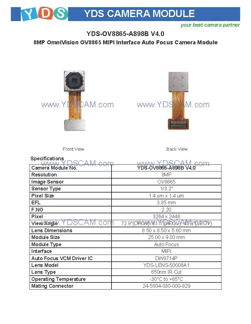 Yds-Ov8865-A898b V4.0 8MP Ov8865 Mipi Interface Auto Focus Camera Module