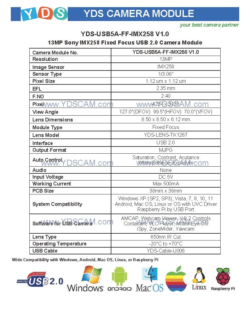 Yds-USB5a-FF-Imx258 V1.0 13MP Imx258 Fixed Focus USB 2.0 Camera Module