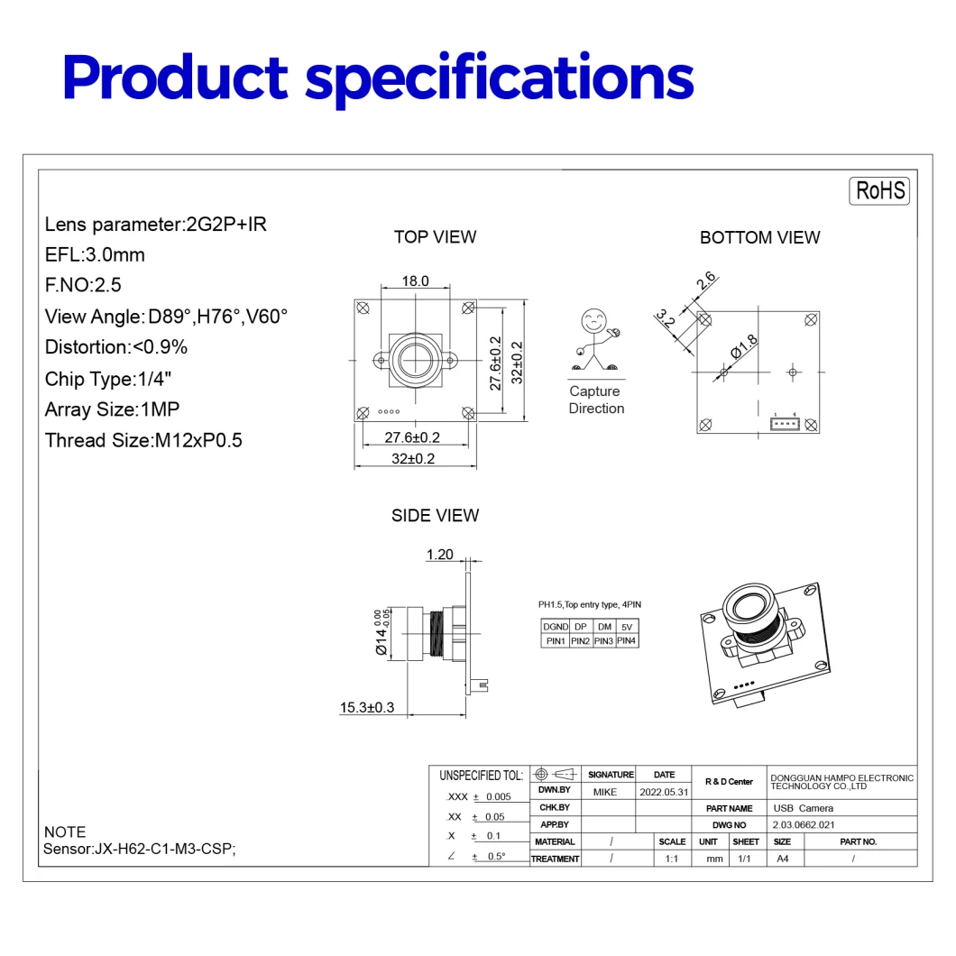 OEM Customized 1megapixed HD Driver-Free Mini H62 High Frame Rate 720p Lowlight USB2.0 Camera Module for Robot Vision