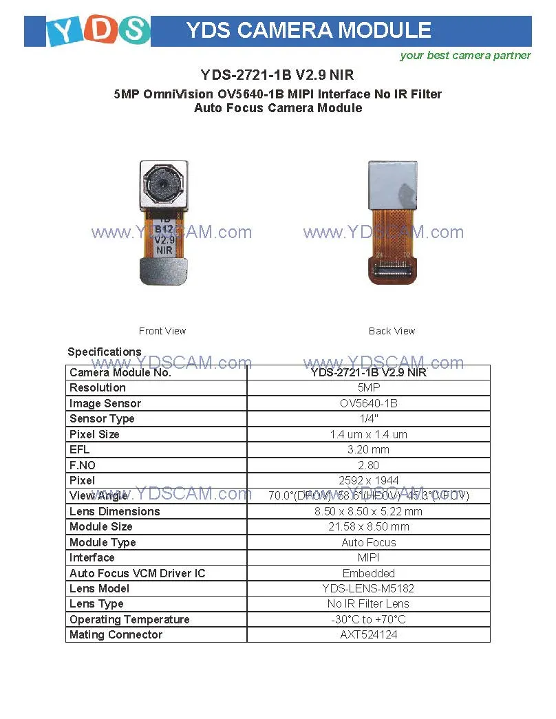 Yds-2721-1b V2.9 Nir 5MP Ov5640-1b Mipi Interface No IR Filter Auto Focus Camera Module