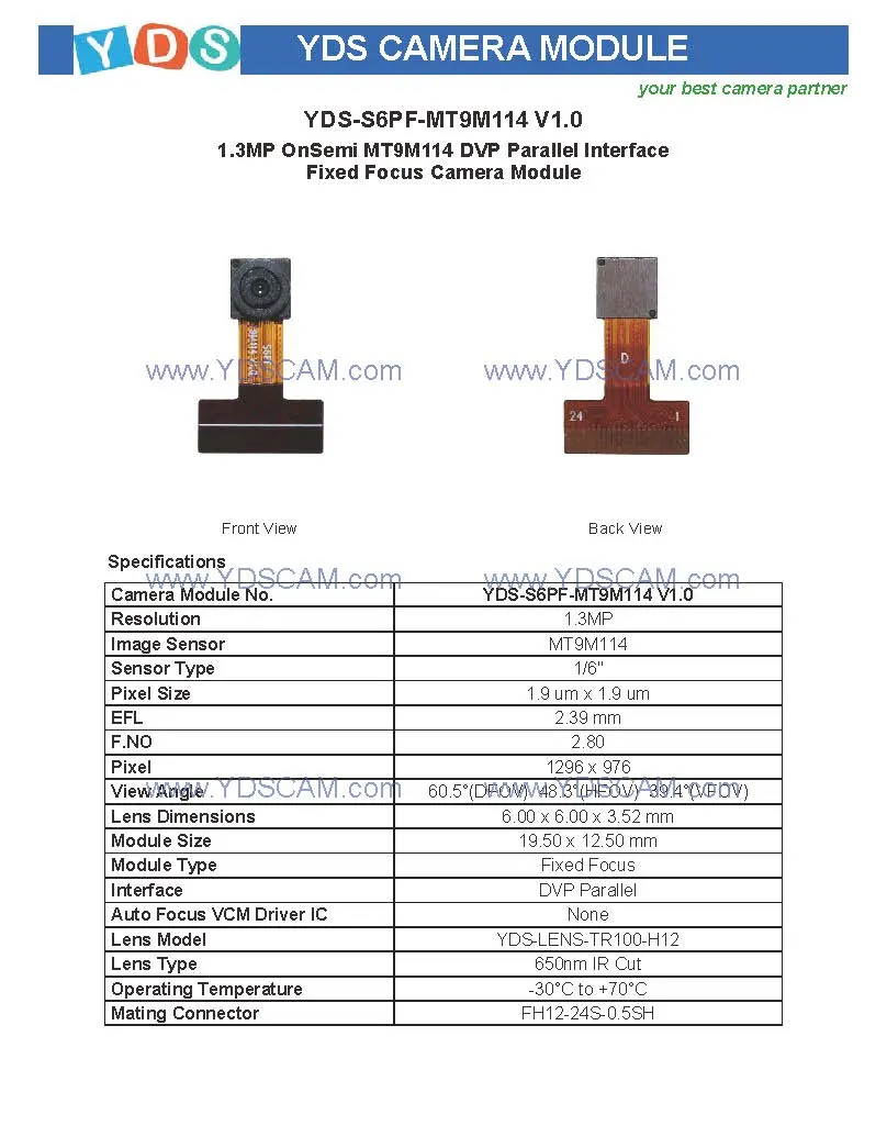 Yds-S6PF-Mt9m114 V1.0 1.3MP Mt9m114 Dvp Parallel Interface Fixed Focus Camera Module