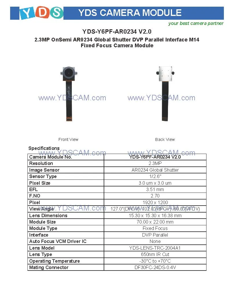 Yds-Y6PF-Ar0234 V2.0 2.3MP Ar0234 Global Shutter Dvp Parallel Interface M14 Fixed Focus Camera Module