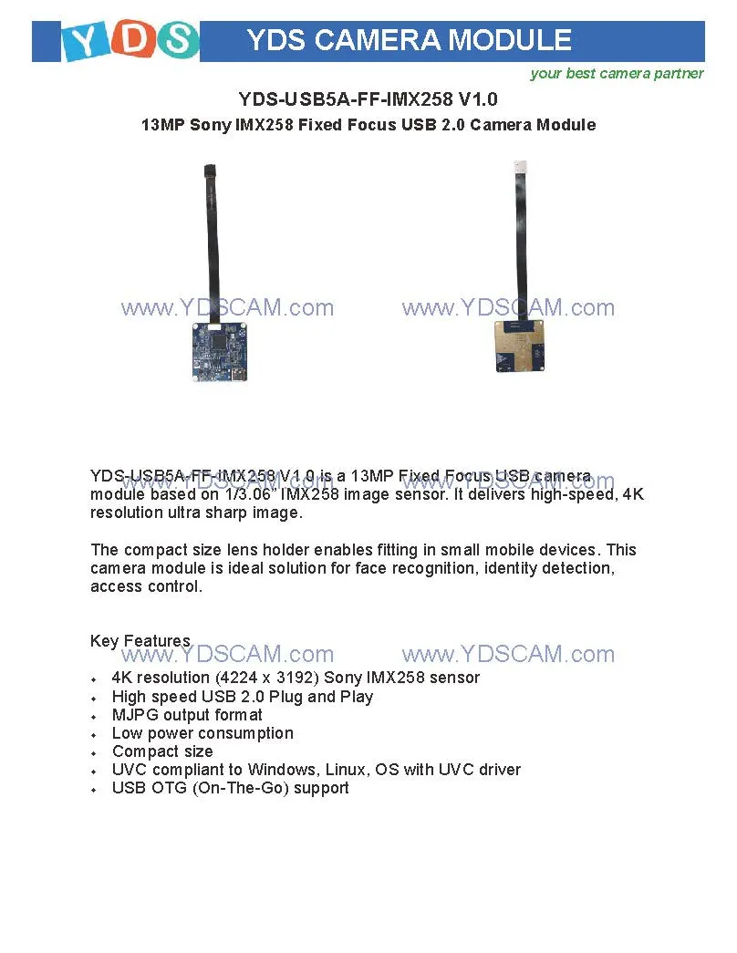 Yds-USB5a-FF-Imx258 V1.0 13MP Imx258 Fixed Focus USB 2.0 Camera Module