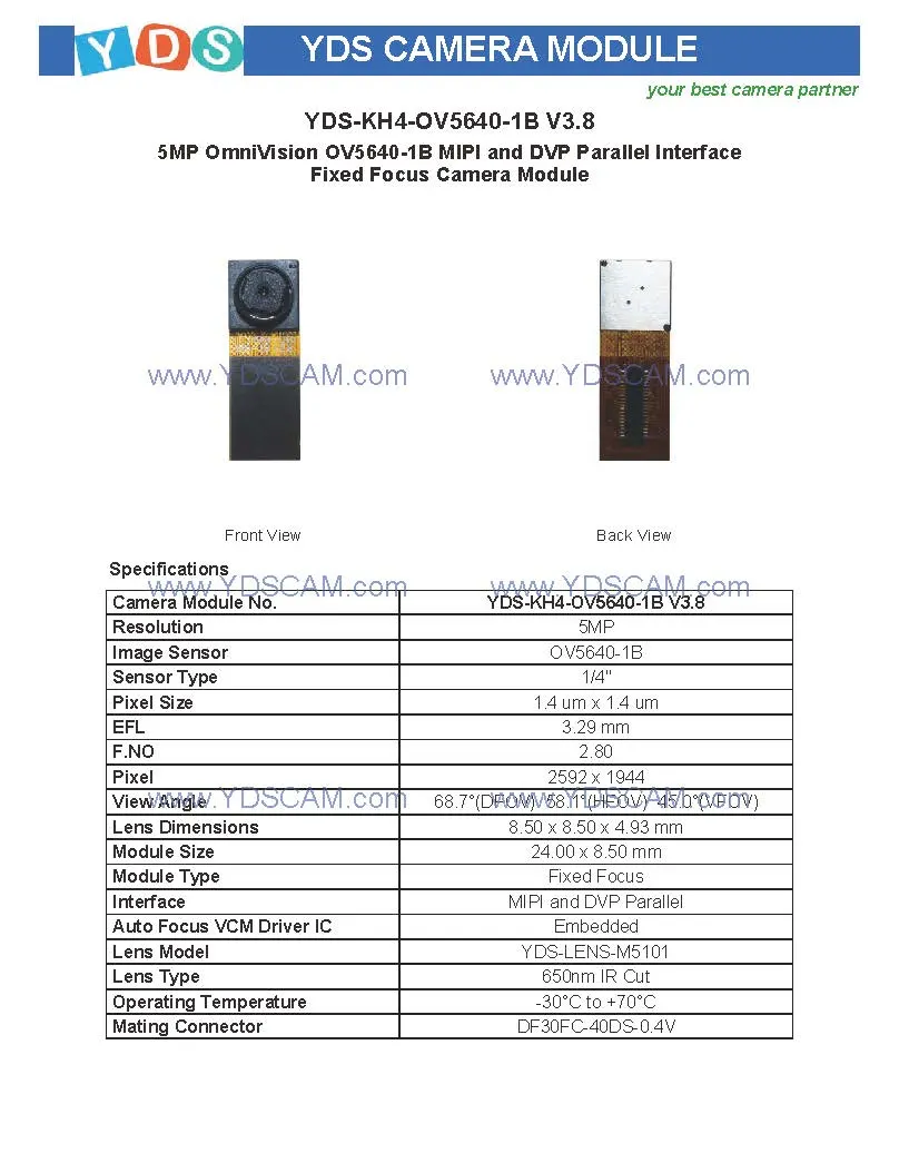 Yds-Kh4-Ov5640-1b V3.8 5MP Ov5640-1b Mipi and Dvp Parallel Interface Fixed Focus Camera Module