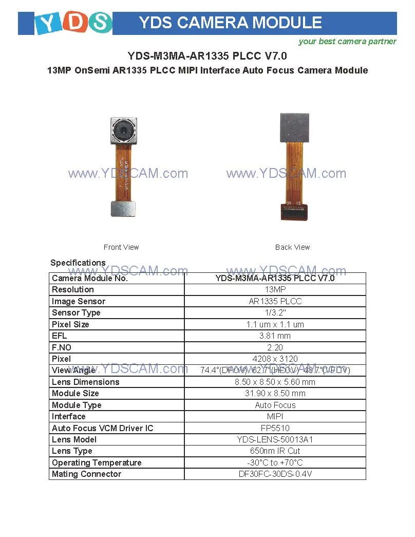 Yds-M3ma-Ar1335 Plcc V7.0 13MP Ar1335 Plcc Mipi Interface Auto Focus Camera Module